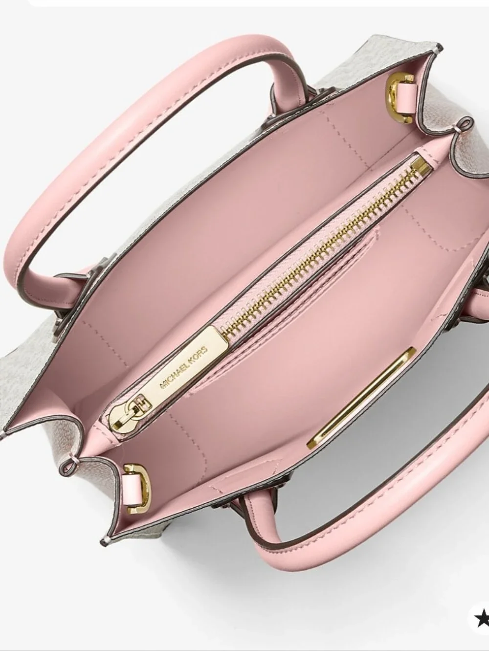 Like new Michael Kors Pink and White Logo Satchel with Gold Accents